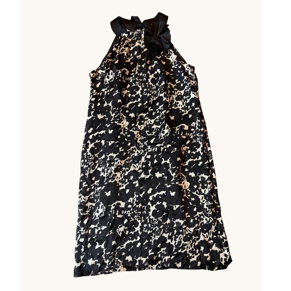 TAYLOR Women's 100% Silk Halter Dress 8 Black Cream Abstract Floral Rosette
